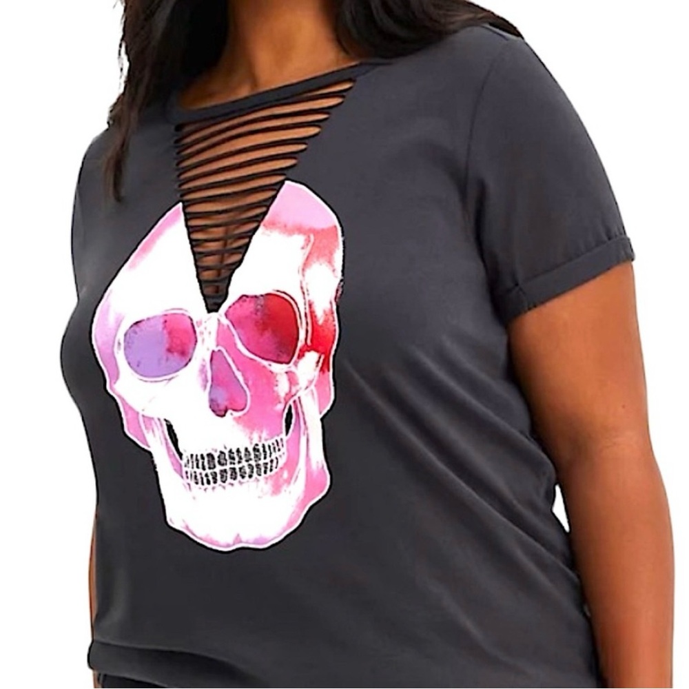 Torrid Black Pink Skull Graphic Cut Out Tee - Picture 5 of 11